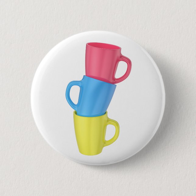 Stapel von drei farbenfrohen Keramiktassen Button (Vorderseite)