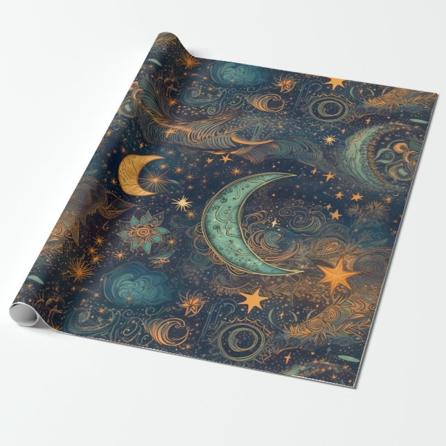 Star and Moon Winter Night Sky - Fantasie und Trau Geschenkpapier (Ungerollt)