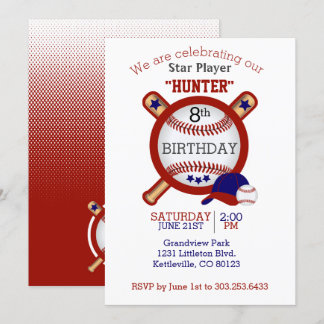 Star Baseball Player Geburtstag - Dunkelrot und bl Einladung