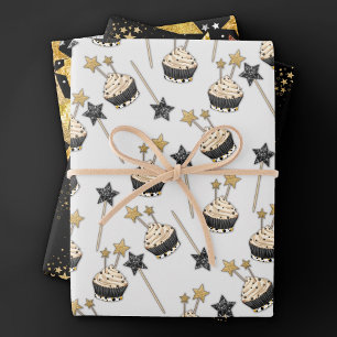 Star Celebration   Schwarzes und goldenes Cupcake- Geschenkpapier Set