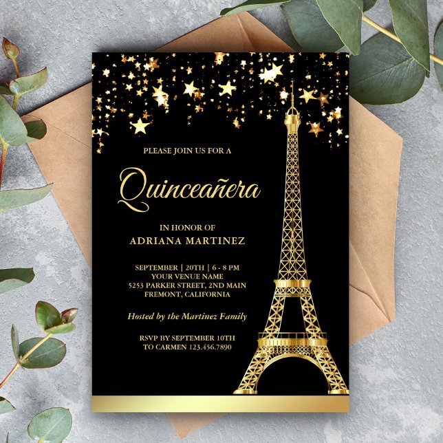 Star Confetti Gold Eiffel Tower Black Quinceanera Einladung (Von Creator hochgeladen)