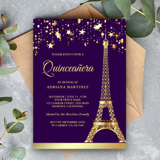 Star Confetti Gold Eiffel Tower Lila Quinceanera Einladung