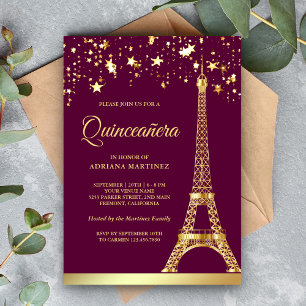 Star Confetti Gold Eiffel Tower Pink Quinceanera Einladung