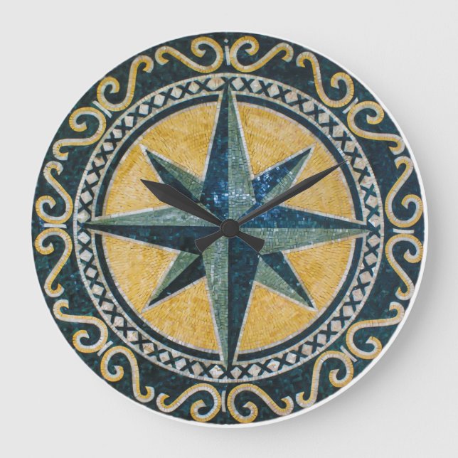 Star Green Compass Round Medallion Mosaic Große Wanduhr (Vorderseite)