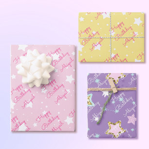 Star Happy Geburtstag mit Mädchen Name Rosa Gelb 3 Geschenkpapier Set