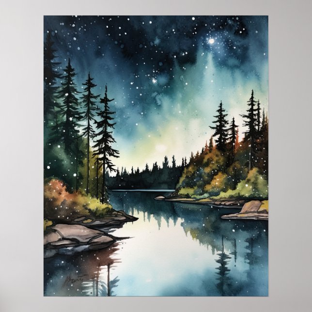 Star Lake Watercolor Landschaft Kunst, Dichtung un Poster (Vorne)