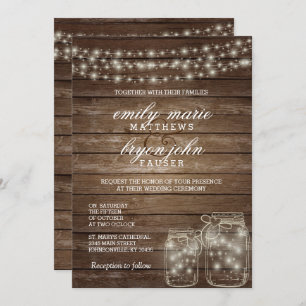 Star Light Mason Jar über Rustic Wood Wedding Einladung