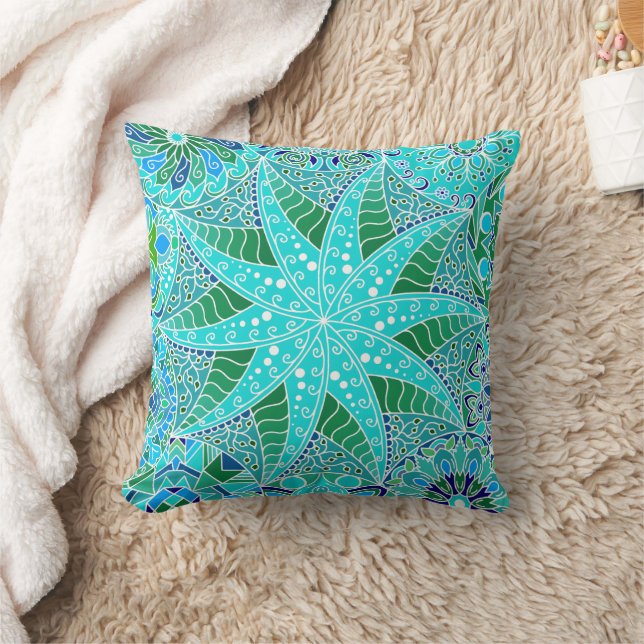 Star Mandala Aqua Sea Green Blue Kissen (Decke)