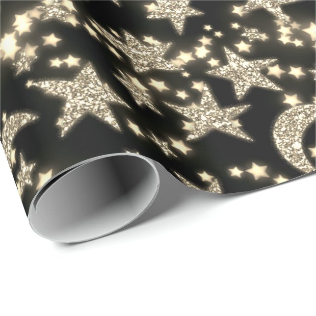 Star Moon Spark Night Galaxy Black Champaigne Gold Geschenkpapier (Rolleneckpunkt)