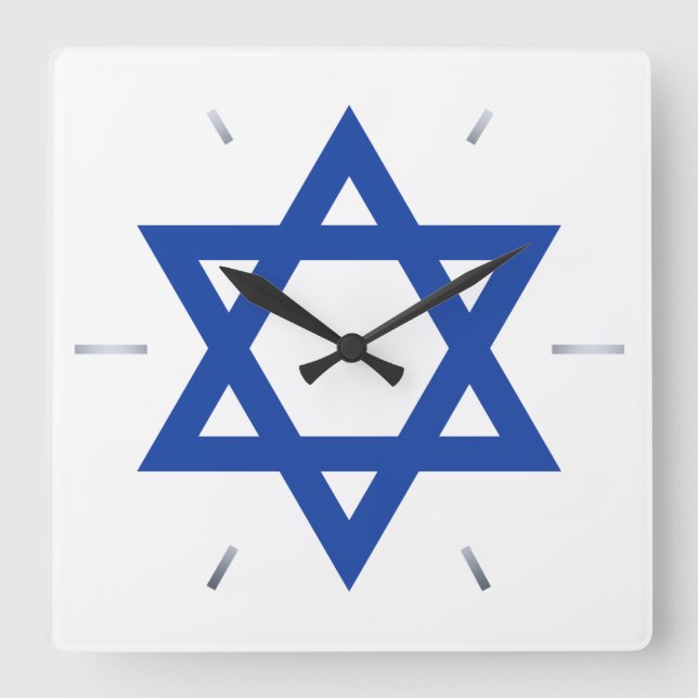 Star of David Blue White Hour Hands Quadratische Wanduhr (Vorderseite)