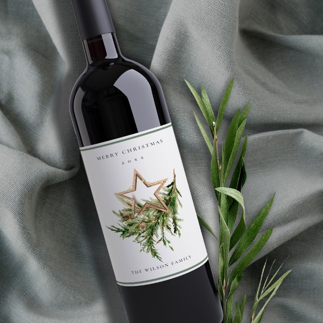 Star Ornament Pine Branch Fauna Frohe Weihnachten Weinetikett (Von Creator hochgeladen)