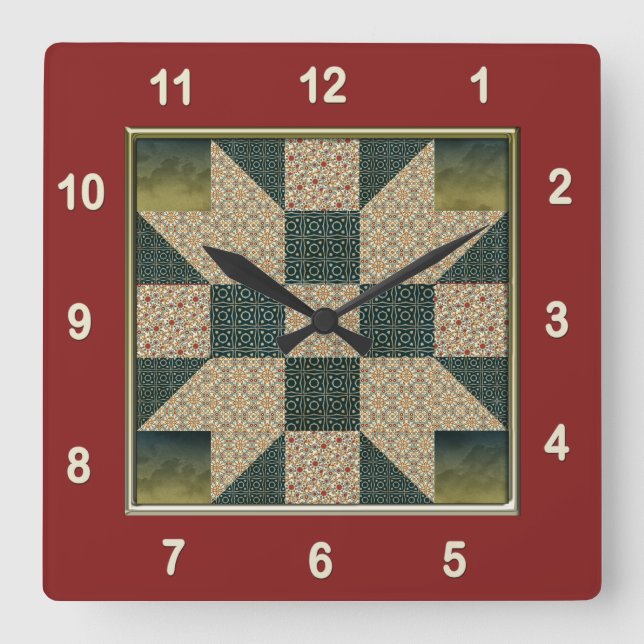 Star Patch Quilt Block Gold & Green Quadratische Wanduhr (Vorderseite)