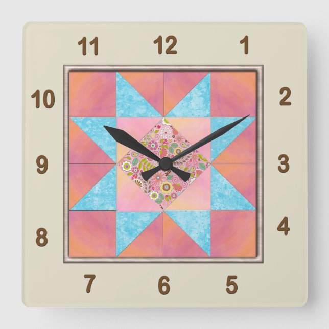 Star Patch Sunset & Water Quilt Block Quadratische Wanduhr (Vorderseite)
