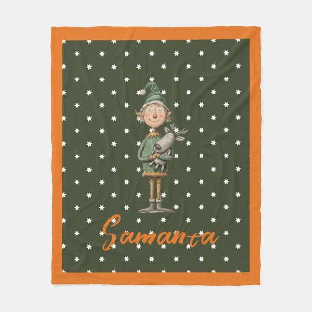 Star pattern christmas elf reideer beige name fleecedecke (Vorderseite)