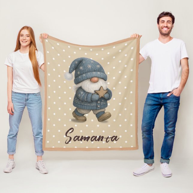 Star pattern gnome blue beige name fleecedecke (Beispiel)