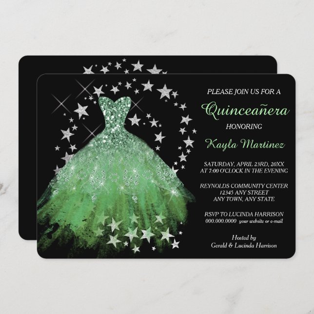 Star Shimmer Spring Green Quinceanera Einladung (Vorne/Hinten)