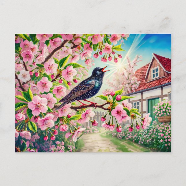 Star Singing in Cherry Tree Illustration Postkarte (Vorderseite)