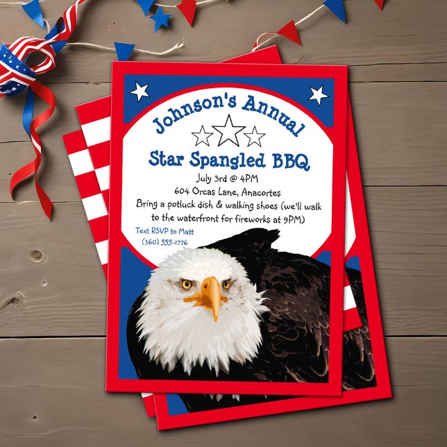 Star Spangled 4. Juli GRILLEN Party Bald Eagle Red Einladung (Modern Bald Eagle 4th of July star spangled BBQ party invitations)