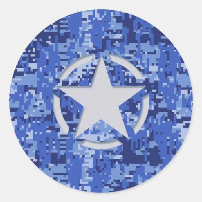 Star Stencil Retro Navy Blue Camouflage Runder Aufkleber (Vorderseite)