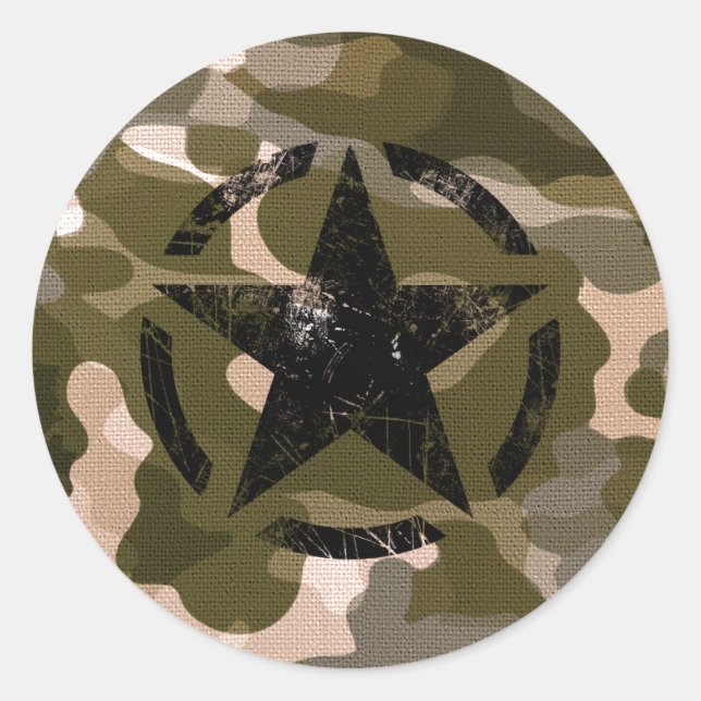 Star Stencil Vintag auf Camouflage Runder Aufkleber (Vorderseite)