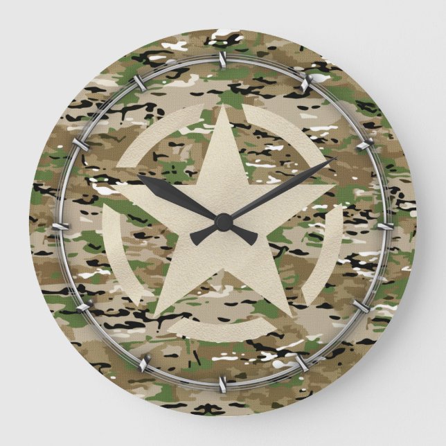 Star Stencil Vintag Camouflage Dekoration Große Wanduhr (Vorderseite)
