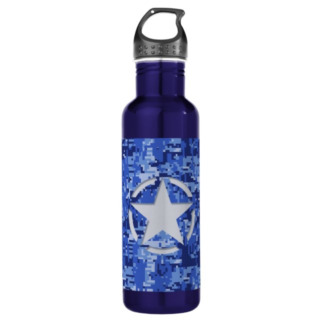 Star Stencil Vintag Navy Blue Digital Camouflage Trinkflasche (Vorderseite)