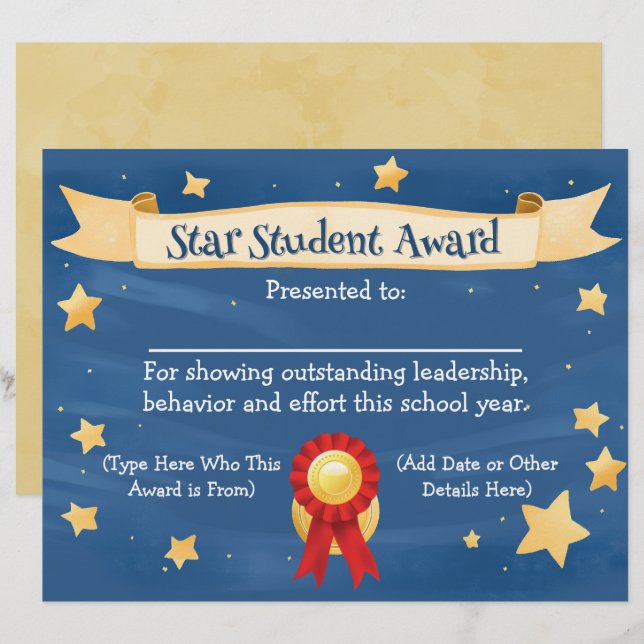Star Student Award Certificate School Kinder 8.5x1 (Vorne/Hinten)