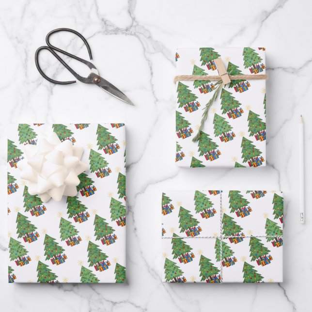 Star-topped Christmas Trees and Gifts Pattern Geschenkpapier Set (Vorderseite)