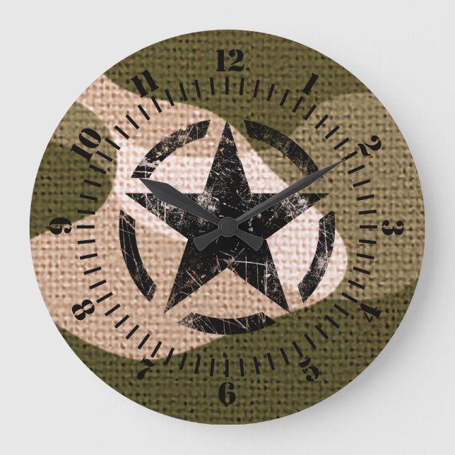 Star Vintag Green Camouflage auf einem Große Wanduhr (Vorderseite)