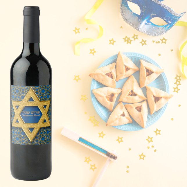 Star von David Blue Gold Hebrew Happy Purim Weinetikett (Von Creator hochgeladen)