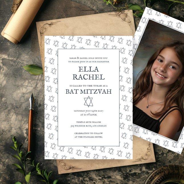 Star von David B'nai Bat Bar Mitzvah Custom Foto Einladung (Star of David B'nai Bat Bar Mitzvah Custom Photo Invitation Simple Minimalist Elegant)