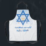 Star von David, Menorah Hanukkah Sameach Schürze<br><div class="desc">Star von David und Menorah auf dieser Schürze mit Hanukah Sameach grüßen und editierbaren Text. Wenn nicht erforderlich,  können Sie das Textfeld löschen.</div>