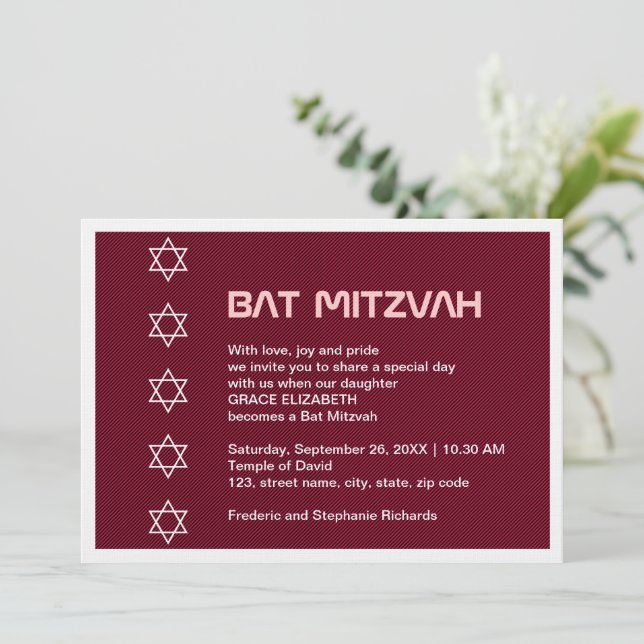 Star von David Pattern Bat Mitzvah Einladung (Stehend Vorderseite)