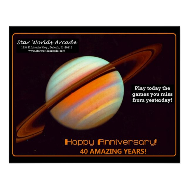 Star Worlds Arcade 40-jähriges Retro Poster (Vorderseite)