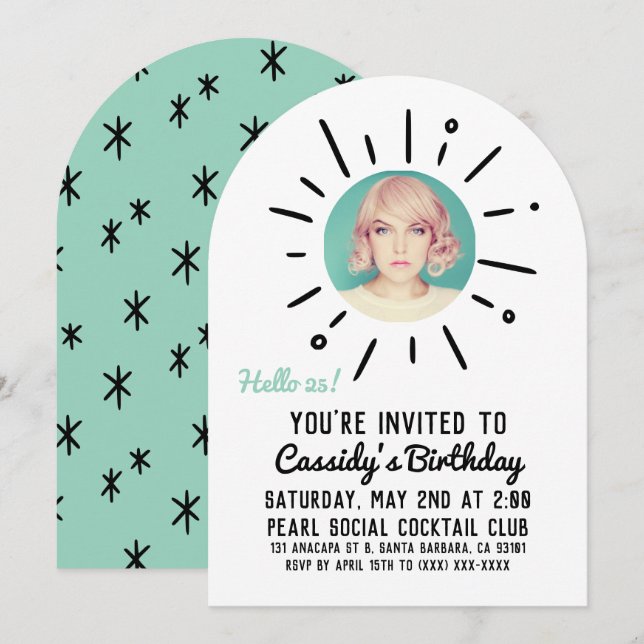 STARBURST | Custom Simple & Chic Photo Birthday Einladung (Vorne/Hinten)