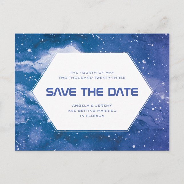 Stardust Cosmic Blue Save the Date Postkarte (Vorderseite)