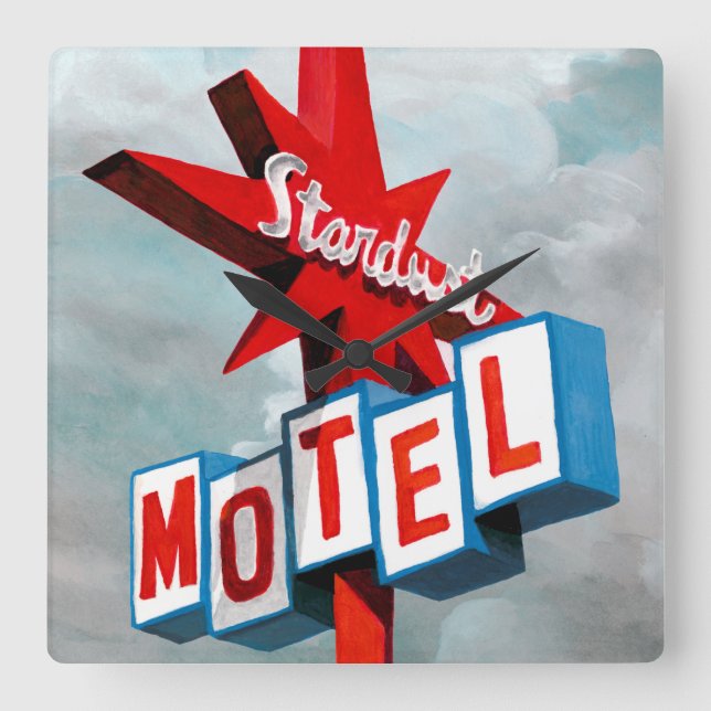 Stardust Motel Sign Quadratische Wanduhr (Vorderseite)