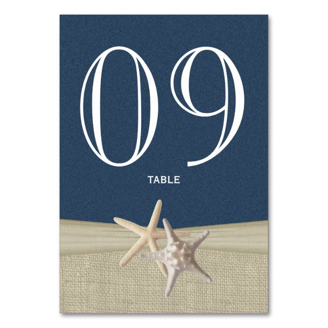 Starfish and Burlap Navy Blue Tischnummer Card (Vorderseite)
