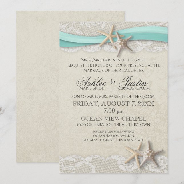 Starfish and Lace Beach Aqua Wedding Einladung (Vorne/Hinten)