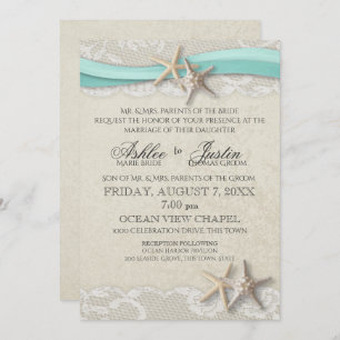 Starfish and Lace Beach Aqua Wedding Einladung