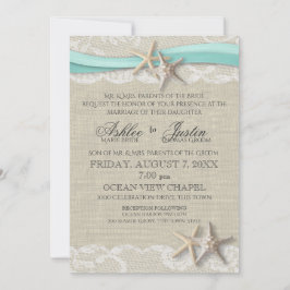 Starfish and Lace Rustic Beach Aqua Wedding Einladung
