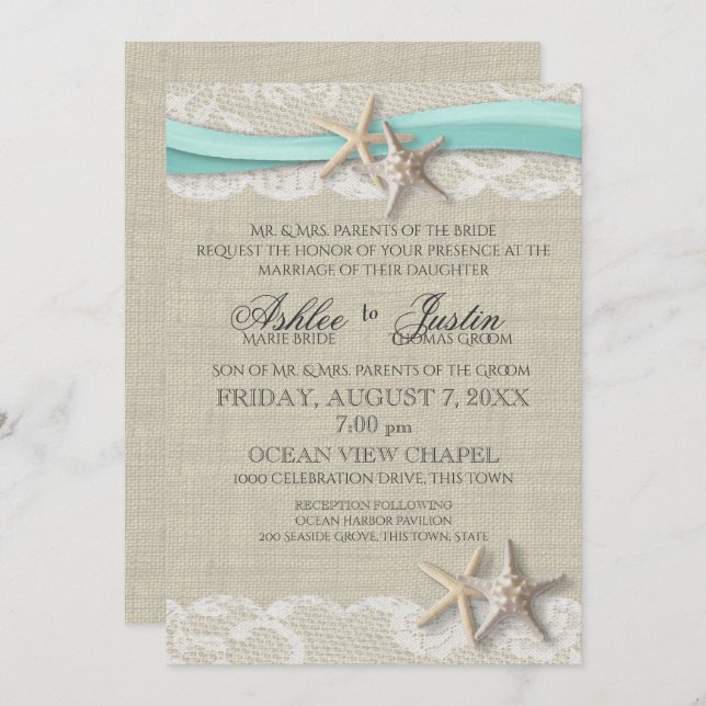 Starfish and Lace Rustic Beach Aqua Wedding Einladung (Vorne/Hinten)