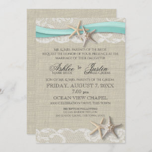 Starfish and Lace Rustic Beach Aqua Wedding Einladung