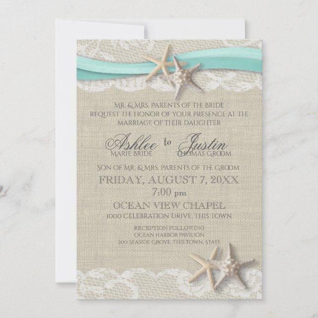 Starfish and Lace Rustic Beach Aqua Wedding Einladung (Vorderseite)