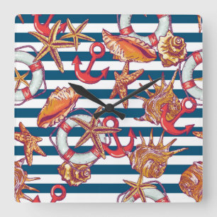 Starfish And Stripes Pattern Quadratische Wanduhr