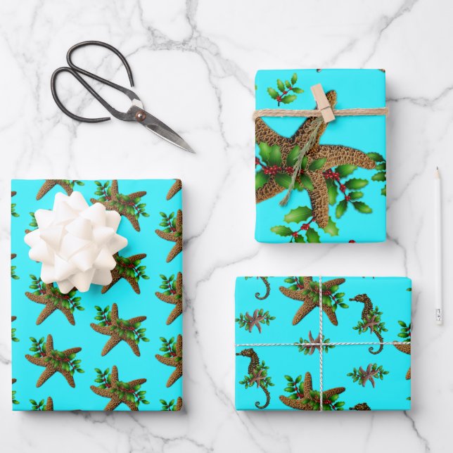 Starfish Aqua Beach Weihnachtswrapping Paper Geschenkpapier Set (Vorderseite)