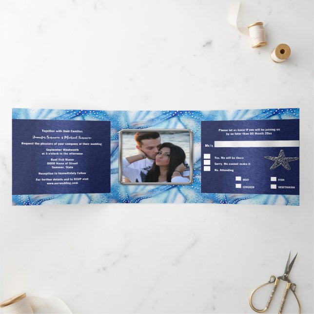 Starfish Aquarellmuster Paare Beach Foto Dreifach Gefaltete Einladung (Innenseite)