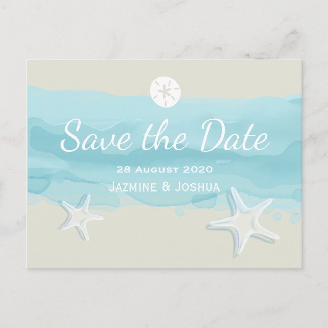 Starfish, Aquarellstrand /Save the Date Ankündigungspostkarte (Vorderseite)