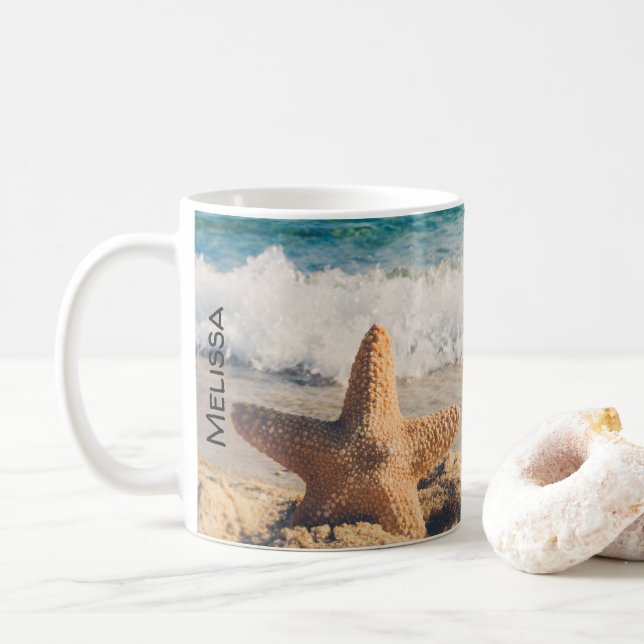 Starfish auf einem Sandy Beach Foto Kaffeetasse (Mit Donut)