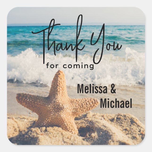 Starfish auf einer Hochzeit mit Sandy Beach Quadratischer Aufkleber (Vorderseite)